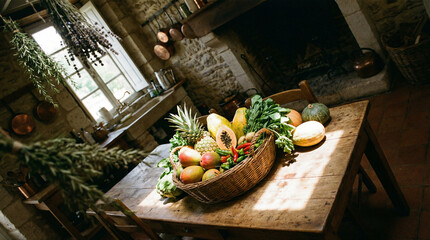 A rustic kitchen scene with fresh fruits and vegetables, ideal for healthy eating.