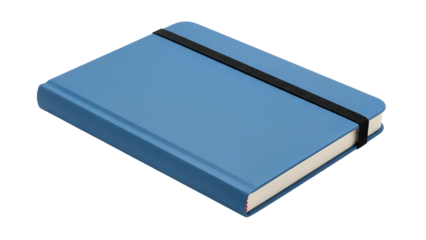A blue rectangular notebook with a black elastic band on a transparent background