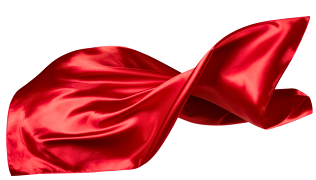 Red silk satin cloth floating or flying in the air on transparent background, cutout