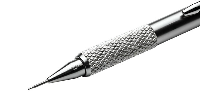 Close-up of a silver mechanical pencil against black background, showing detailed grip