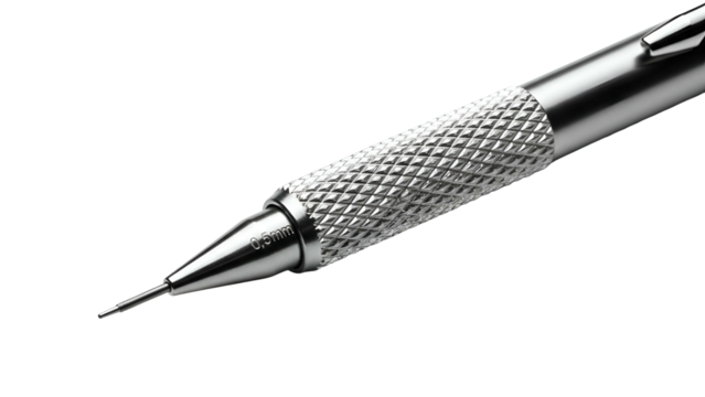 Close-up of a silver mechanical pencil against black background, showing detailed grip