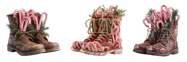 Boots filled with candy canes and pine isolated on a transparent background