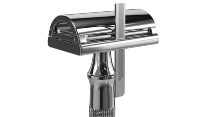 Polished chrome safety razor isolated on black. Blades exposed, intricate handle