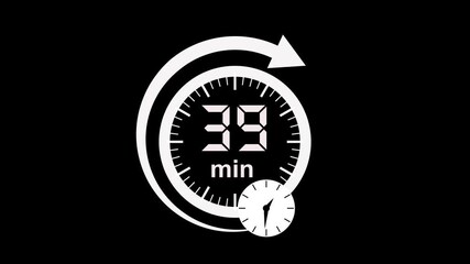 39 min Clock Timer Animation. Stopwatch Icon in Flat Style. Clean black Background. Time Counter Animation video.