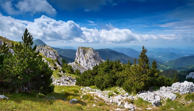 Mountain Landscape With Rocks Pine Trees Clouds And Sky On Mountain Ozren Crepoljsko Peak Bosnia And Herzegovina