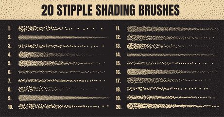 Ink scatter brush, stipple drawing and texturing. Fading gradient. Stippling, dotwork drawing, shading using dots. Halftone disintegration effect. White noise grainy texture. Vector illustration