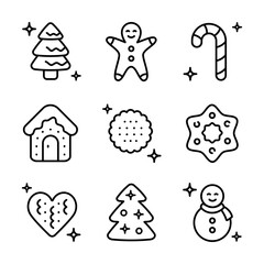Christmas cookies outline icons set. Different gingerbread cookies symbols. Christmas signs depicting various festive elements, bringing holiday cheer and wintertime spirit.
