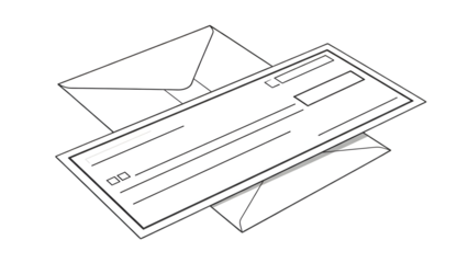 Check and envelope for financial payments isolated on transparent background