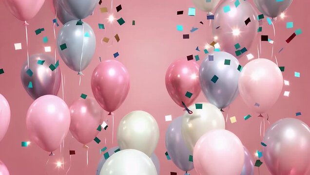 Cinematic 4K holiday motion graphics featuring bright pink flying balloons and sparkling confetti with an alpha channel for seamless looping ideal for festive celebration or party stock footage