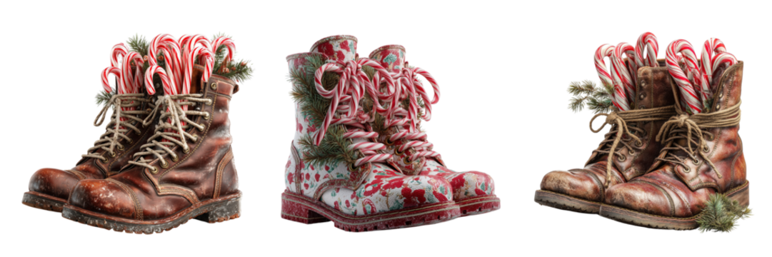 Christmas Boots with Candy Canes isolated on a transparent background