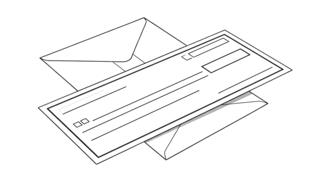 Check and envelope for financial payments isolated on transparent background
