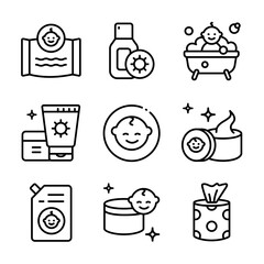 Baby cosmetics outline icons set. Cosmetic bottles and beauty products for skincare routine, moisturizing and cleansing. Vector symbols isolated on white background.