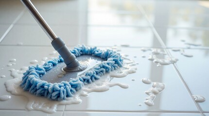 Close-up of a blue microfiber mop cleaning a white tiled floor with sudsy water, illustrating household chores and deep cleaning