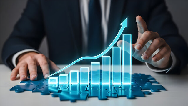 Businessman Pointing to Futuristic Growth Chart on Puzzle Pieces Representing Success - Powered by Adobe