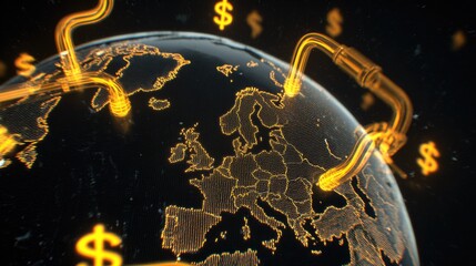 Digital globe with glowing European outlines, interconnected by luminous cables. This symbolizes global financial networks, data flow, economic interconnectedness.