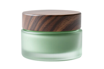 Green Frosted Cream Jar Skincare Bottle PNG with a Dark Oak Wooden Lid on a Clean White Background for Premium Cosmetic Mockup and Modern Luxury Organic Beauty Branding
