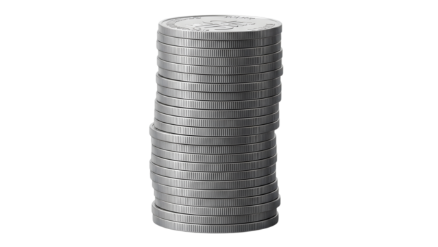 Stack of silver coins isolated money icon isolated on transparent background