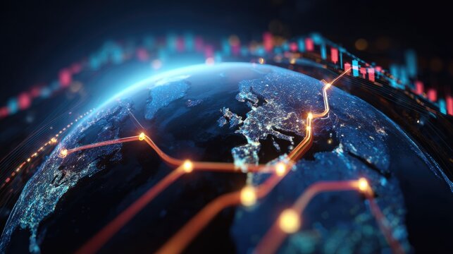Digital Earth at night, interconnected cities via glowing network lines. Financial charts in background symbolize global economy, data, and technology trends.