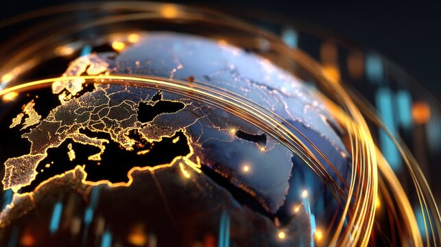 A glowing, futuristic depiction of Earth, highlighting Europe with illuminated city networks and data streams, symbolizing global connectivity and digital communication.