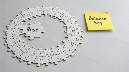 White puzzle circle missing piece and a yellow note