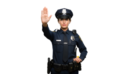 Police officer woman making stop command. isolated on transparent background