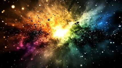 Cosmic explosion event in space colorful nebula visualization digital art environment wide angle view universe concept