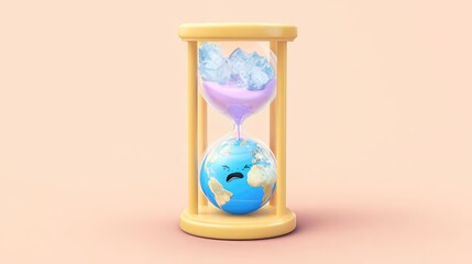 An hourglass with melting ice dripping onto a distressed Earth, vividly illustrating the urgent climate change crisis and impending environmental doom.