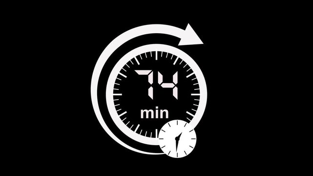 74 min clock icon animation. arrow Clock 74-minute icon Digital and analog clock 74 minutes isolated on white background. 74 minute timer symbol, isolated on transparent background with alpha channel.