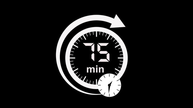 75 min clock icon animation. arrow Clock 75-minute icon Digital and analog clock 75 minutes isolated on white background. 75 minute timer symbol, isolated on transparent background with alpha channel.