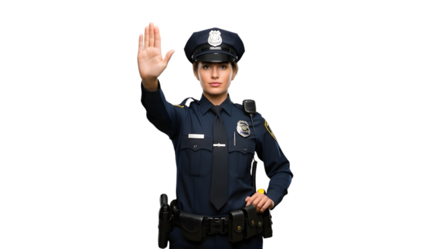 Police officer woman making stop command. isolated on transparent background