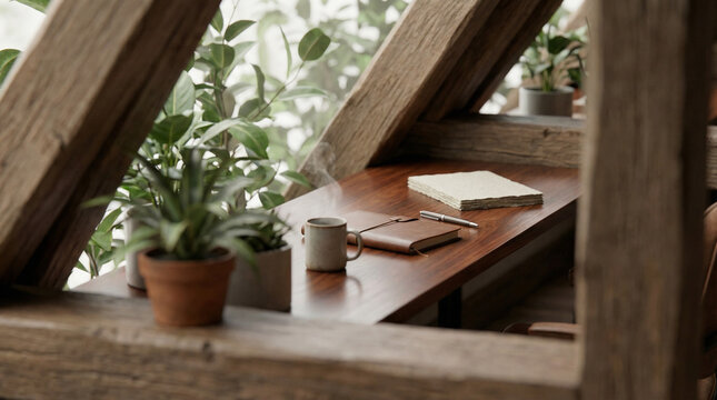 Serene workspace with plants and natural light, perfect for lifestyle blogs or relaxation-themed content. - Powered by Adobe