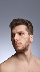 Fototapeta premium Male face with directional contour markings for structural guidance. Concept of educational mapping diagrams, clinic explanations, cosmetic planning visuals, and jaw-cheek guidance.