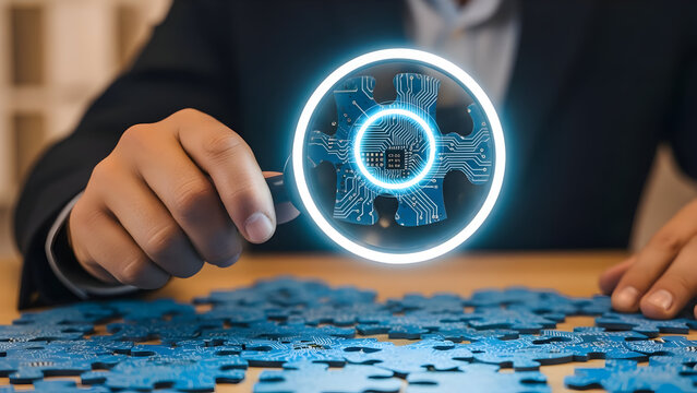 Analyzing Digital Circuitry Magnifying Glass Examining Puzzle Piece Technology - Powered by Adobe