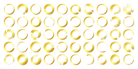 Golden grunge circles, brush strokes, lines, ink smudges, hand-drawn scribble shapes. Handmade sketchy marks, acrylic stains, charcoal streaks. Paint textures, dry brush effect. Vector illustration