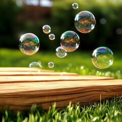 Bubbles floating above green grass outdoor environment nature photography close-up view whimsical concept