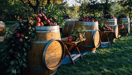 Fototapeta premium Barrels arranged on grass, adorned with apples and greenery, create a rustic, autumn-themed outdoor setting