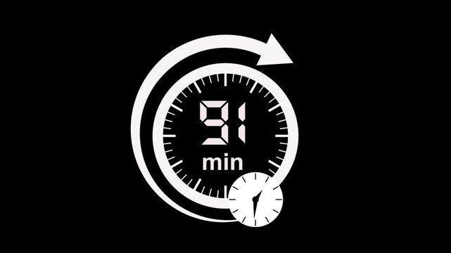 91 min clock icon animation. arrow Clock 91-minute icon Digital and analog clock 91minutes isolated on white background. 91 minute timer symbol, isolated on transparent background with alpha channel.
