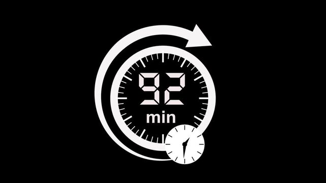 92 min clock icon animation. arrow Clock 92-minute icon Digital and analog clock 92 minutes isolated on white background. 92 minute timer symbol, isolated on transparent background with alpha channel.