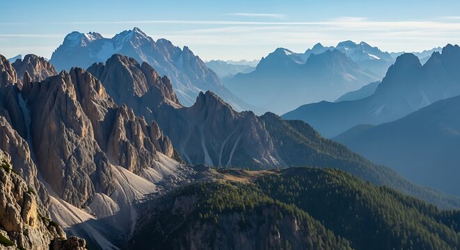 A scenic vista showcasing rugged, rocky peaks fading into layers of mountains under a clear blue sky. Forest covers lower slopes