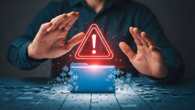 Data Security Concept Hands Protecting Critical Information with Warning Icon