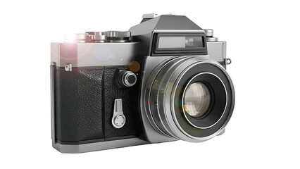 A classic SLR camera with a black leather wrap and lens flare against a black backdrop