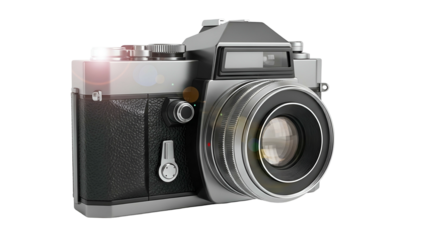 A classic SLR camera with a black leather wrap and lens flare against a black backdrop