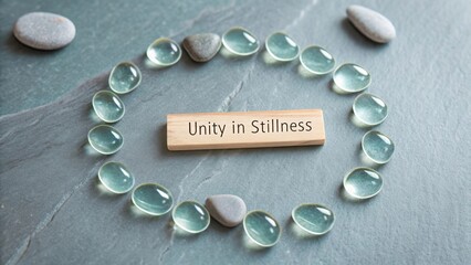 Wooden label with message surrounded by glass stones in ring formation