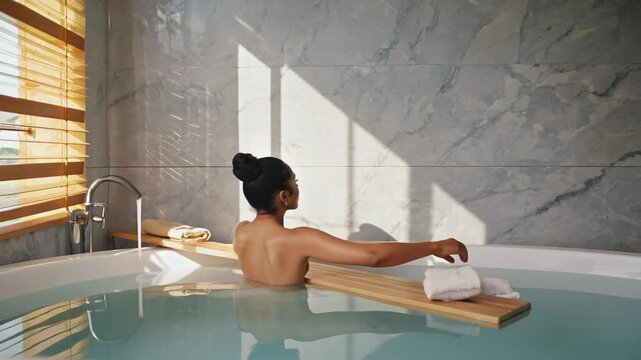 Adult black woman enjoying a tranquil bath in a luxury sunlit bathroom. Sequence shows her reaching for a towel on a wooden caddy tray as part of a self care routine