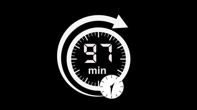 97 min clock icon animation. arrow Clock 97-minute icon Digital and analog clock 97minutes isolated on white background. 97 minute timer symbol, isolated on transparent background with alpha channel.