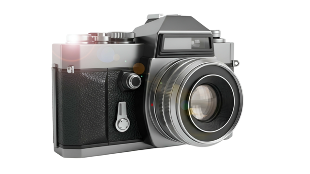 A classic SLR camera with a black leather wrap and lens flare against a black backdrop