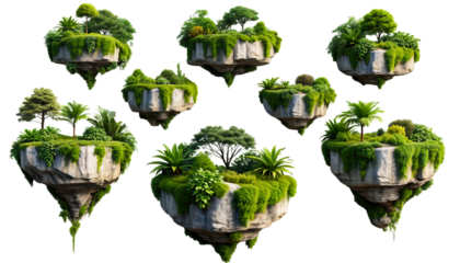 Lush green rocky islands isolated on a transparent background