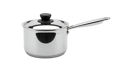 Shiny stainless steel saucepan with a lid and handle, isolated on black background