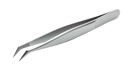 Silver, angled tweezers, isolated on black, shows a grooming tool in close-up