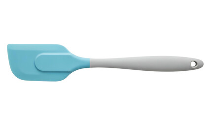 Isolated image of a light blue silicone spatula with a two-tone handle against a black background